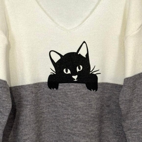 Super Cute Gray/Off White Black Cat Sweater V Neck Dolman Long Sleeves SZ XL - Picture 3 of 8